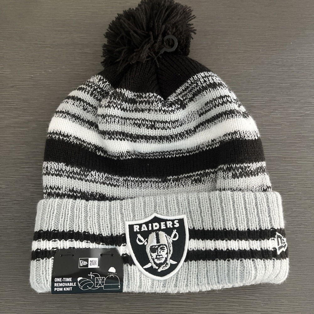 Las Vegas Raiders Knit Winter Hat Beanie New Era Cap Removable‎ Pom Black White